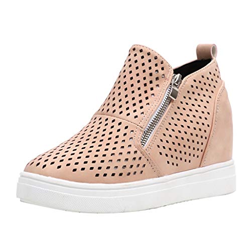 Womens Classic High Top Platform Flat Sports Shoes Casual Slip On Zipper Wedge Sneakers Pink