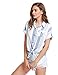 ROMWE Women's Striped Knotted Front Blouse Roll Sleeve Shirt With Chest Pocket (One-size, White & Blue)