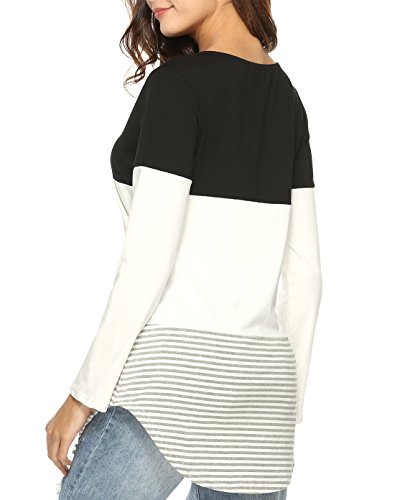 Aliex Women's Casual Long Sleeve T-Shirt Color Block Tunic Top Black S - Thumbnail 3