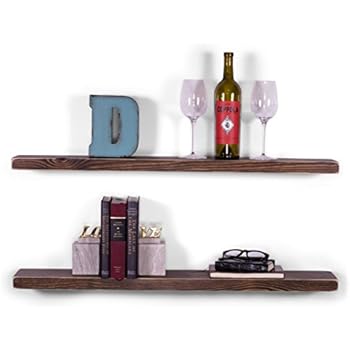 DAKODA LOVE Weathered Edge Floating Shelves | USA Handmade | Wall Mounted Hidden Single Bar Floating Shelf Bracket | Farmhouse Rustic Pine Wood | Set of 2 (Espresso, 36