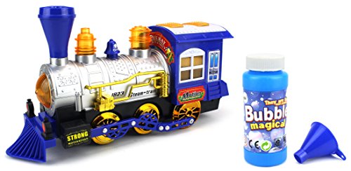 Blue Steam Train Locomotive Engine Car Bubble Blowing Bump & Go Battery Operated Toy Train w/ Lights & Sounds (Blue)