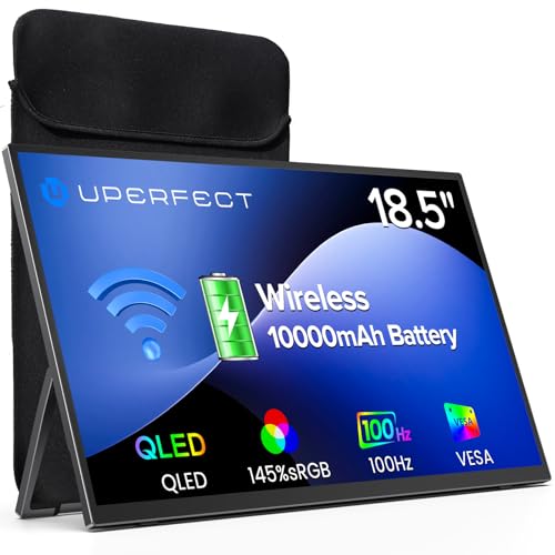 UPERFECT Wireless Portable Monitor with 10000mAh Battery, 18.5" QLED Display, 1080P 100Hz, 145% sRGB, AirPlay & Miracast, VESA, Sleeve Included, for Laptop, PC & Phone