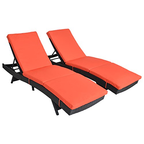 (Set of Two) Outdoor Adjustable Pool Wicker Chaise Lounge Chair with Cushion (Black with Orange)