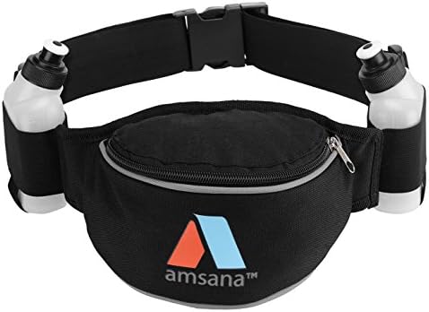 Amsana™ Hydration Runners Belt with large pouch - Fanny Waist Pack - Trip Bag - For Men &amp; Women - Two 7oz BPA Free Water Bottles Included (Grey)