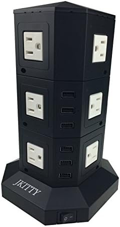 Jkitty 6 USB Smart Charge 8A ( 2.4A Each Output Max) has Rocker Switches Standing Power Strip 3000W Surge Portector 6ft cable (3 Levels, Black)