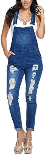 Calilogo Women's Classic and Distressed Skinny Jumpsuit Overalls (Medium, Blue Distress)