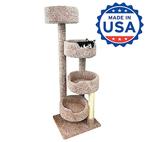 Wood Cat Tree Furniture with 4 Large Cat Beds, Brown Carpet