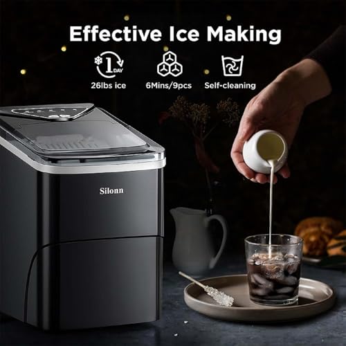 Silonn Ice Maker Countertop, 9 Cubes Ready in 6 Mins, 26lbs in 24Hrs, Self-Cleaning Ice Machine with Ice Scoop and Basket, 2 Sizes of Bullet Ice for Home Kitchen Office Bar Party
