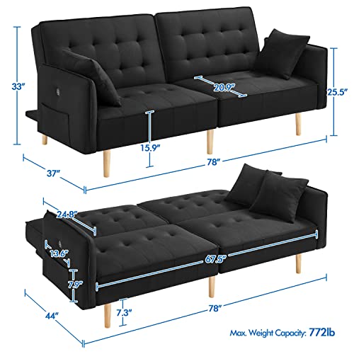 Yaheetech Futon Sofa Bed with USB Ports Futon Couch Futon Daybed Sleeper Sofa for Living Room