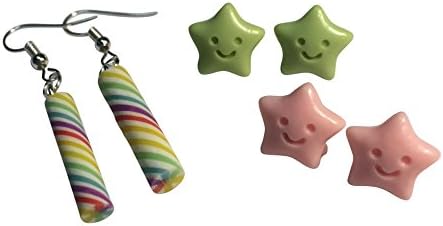 3 Super Cute Pairs of Kawaii Girls Swirl Lollipops Candy, Pink and Green Star Earrings from Jenna Lyn