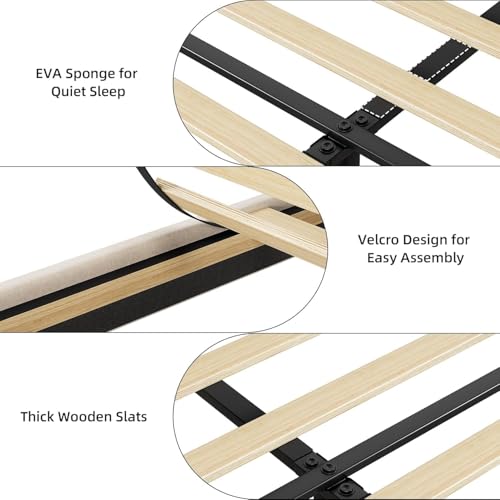 Queen Size Upholstered Bed Frame with Storage Headboard and Charging Station, Platform Bed Frame with Metal Drawers, Heavy Duty, No Box Spring Needed, Easy Assembly, Beige
