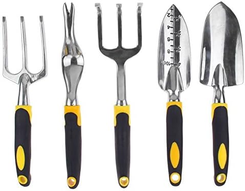 Garden Tool Set 5 Piece By Rubikliss, Garden Kit with Heavy Duty Cast-aluminum Heads and Ergonomic Handles - Cultivator, Trowel, Weeder, Weeding fork, Transplanter
