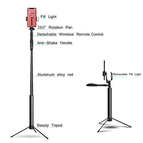 FeliSun Versenkbarer Selfie-Stick mit Stativ, 2 * Fülllicht, Drahtlose Bluetooth-Fernbedienung, Panoramaaufnahme mit Anti-Shake-Stabilisator, Höhe der Metallstange Einstellbar (30-160 cm)
