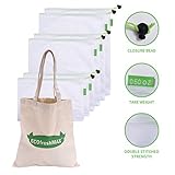 Reusable Mesh/Produce Storage Bags for Grocery, Snack, Food - Set of 7 Bundled with Cotton Shopping Bag - No more plastic Ziploc bags -with Tare Weight on Tags - 0 Waste Eco for Vegetables (Green, 6)