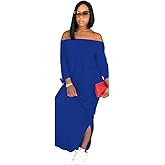 OLUOLIN Women's Casual Letter Print Off Shoulder Long Sleeve Bowknot Sides Slit Loose Long T-Shirt Maxi Dress