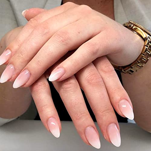 YOSOMK Gradient Nude Press on Nails Medium Almond Fake Nails Glossy Stick on Acrylic Nails Natural Ombre Glue on False Nails for Women - Image 2