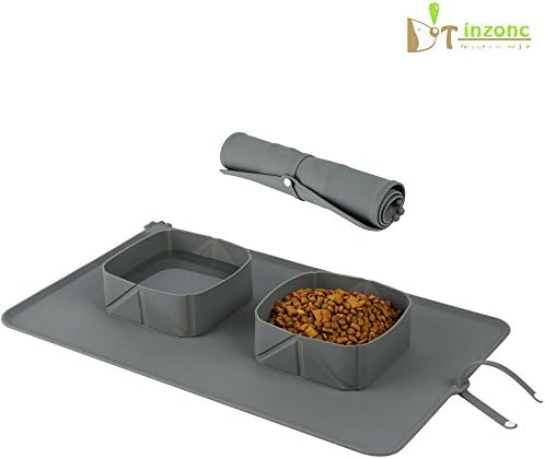 Tinzonc Dog &amp; Cat Food Bowl Set | Roll Up Collapsible Pet Food &amp; Water Bowl Mat | FDA Grade Silicone Pet Food Mat | Pet Feeding Tray For Home, Travel &amp; Camping | Includes Portable Carry Bag by (Grey)