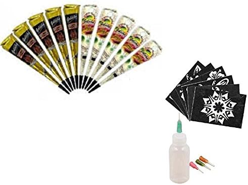 Golecha 5 Black And 5 White Henna Mehandi Cone Temporary Tattoos Body Art Kit With Free Henna Stencil Set (3PCS) and Applicator