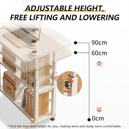 Home Office Desk, Height Adjustable Laptop Table with Shelf, Portable Small Computer Desk with Rolling Wheel, Modern Side Table for Work Study Reading,Stable and Durable, 80 * 40 * 60-90cm.