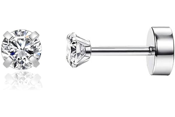 Flat Screw Back CZ Cartilage Earrings for Women,Small Flatback Cubic Zirconia Studs Helix Earrings Hypoallergenic Steel Cartilage Piercing Jewelry Gift for Men(4mm CZ, Silver)