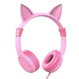 [Upgrade] iClever Boostcare Kids Headphones Girls - Cat Ear Hello Kitty Wired Headphones for Kids on Ear, Adjustable 85/94dB Volume Control - Toddler Headphones with MIC for Kindle Tablet, Pink