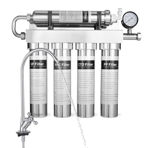 Purificador de Filtro agua 5 Etapas Acero Inoxidable 304, Filtro de Agua para Casa, Osmosis Inversa, Ultrafiltración de 0.01 μm, Elimina el 99% de los Contaminantes, con Manómetro