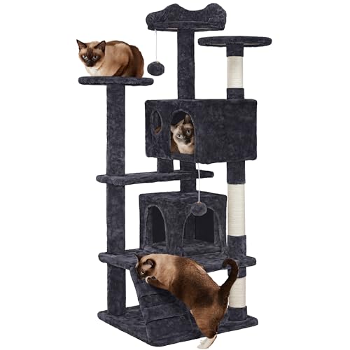 Árbol Rascador para Gatos 139cm con 3 Plataformas 2 nidos 2 Pompones Torre de Escalador con Postes en sisal Ideal para 3-4 Gatos Negro