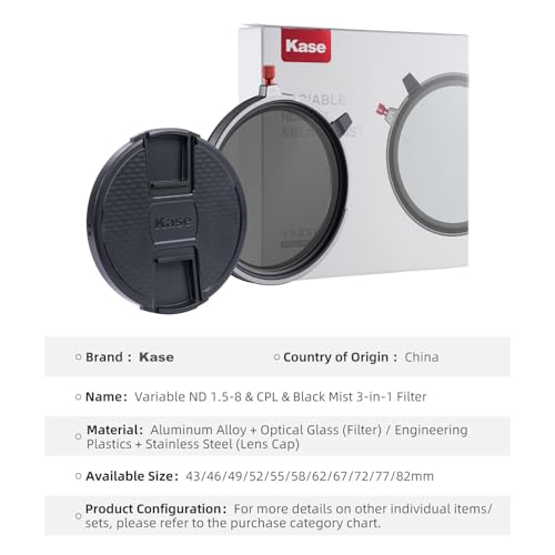 Kase Filtro ND magnético Variable mm + CPL + Niebla Negra 3 en 1, Filtro Compacto de Lente de cámara con Tapa magnética para Vlog Diario, videografía de Viaje, (82mm)