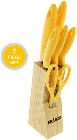 Nelsons Deals Stainless Steel Germin Style Knife Set with Wooden Block 7 Piece - Chef Knife, Bread Knife, Boning Knife, Utility Knife, Paring Knife, and Scissors (Yellow)