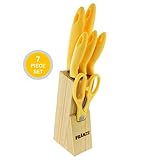 Nelsons Deals Stainless Steel Germin Style Knife Set with Wooden Block 7 Piece - Chef Knife, Bread Knife, Boning Knife, Utility Knife, Paring Knife, and Scissors (Yellow)