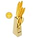 Nelsons Deals Stainless Steel Germin Style Knife Set with Wooden Block 7 Piece - Chef Knife, Bread Knife, Boning Knife, Utility Knife, Paring Knife, and Scissors (Yellow)