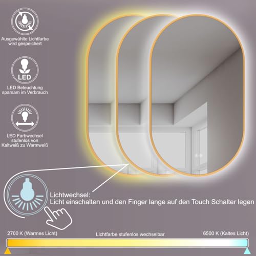 HOKO® Anti-fog LED Oval Mirror 50 x 90 / 90 x 50 cm with Gold Metal Frame. Vertical/Horizontal Mounting. Bathroom Mirror+Touch Switch+Hot/Cold/Neutral Light Change 2700-6500K