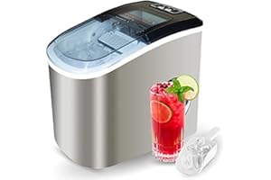 Stainless Steel Portable Compact Ice Maker Countertop with Panoramic Viewing Window, Ice Cube Machine, Bullet Cubes in S/L Si