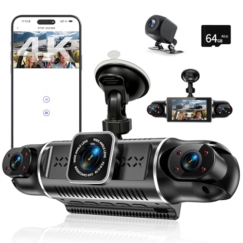 4K Dashcam Car Front Rear 4 Channel Dash Cam with 3 Inch IPS Screen, Free 64GB Card, Dashcam with Parking Monitoring, WDR Night Vision (8 IR LEDs), G-Sensor, Loop Recording, Wireless App Transmission