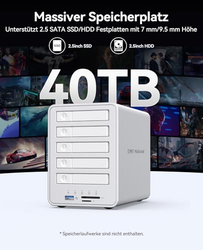 ORICO All-Flash 5 Bay Raid Hard Drive Enclosure, Compatible with 2.5 Inch SATA SSD and 2.5 Inch Hard Drives with a Thickness of 7 mm or 1 cm - 8858