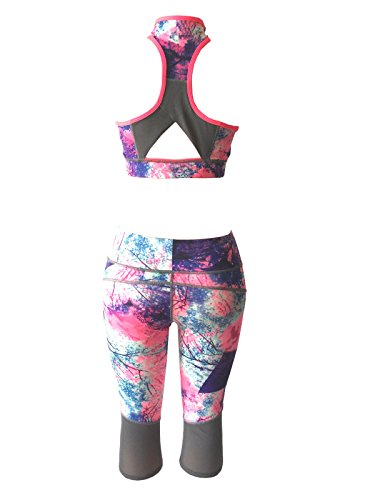 Women Gym Yoga Workout Padded Sports Bra Top + Cropped Leggings Activewear Set (M/L, Coral Mix) - Thumbnail 6