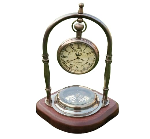 Engraved Victorian Style Nautical Desk Clock with Compass, Wooden Stand, Vintage Decorative Table Timepiece Gift for Anniversary or Couple