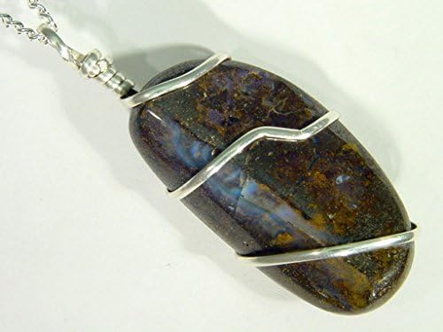 Sterling Silver Wire Wrapped Natural Australian Boulder Opal Free Form Polished Pendant with SP Chain 2600D h