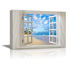 Glimpse into Clear Sea and Tropical Beach Out of Open Window - Canvas Art Wall Art - 24" x 36"