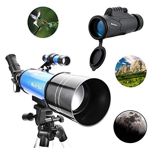 MaxUSee 70mm Refractor Telescope with Adjustable Tripod for Kids Adults & Beginners + Portable 10X42 HD Monocular Bak4 Prism FMC Lens, Travel Scope with Backpack and Phone Adapter
