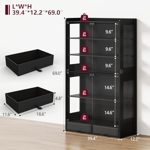 ROCHECASA Display Cabinet with Glass Door 69''H, 6-Tier Display Case for Collectibles with LED Lights and Drawers, Showcase, Freestanding Curio Cabinet, Tall Storage Shelves, Black, DC001-BK100