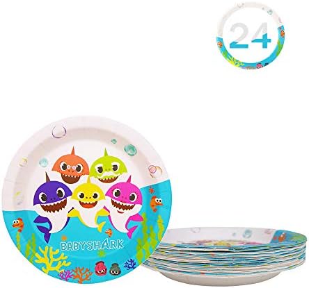 24 Baby Cute Shark Birthday 7 Inch Party Plates, Cake Paper Dessert Set, Doo Doo Decorations