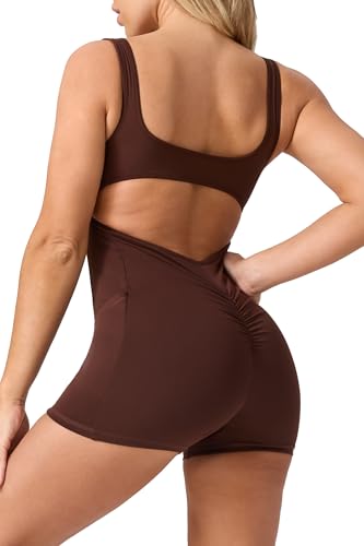 LOVESOFT Womens Square Neck Sleeveless Shorts Jumpsuits Bodycon Backless V Back Scrunch Butt Rompers with Pockets at Amazon
