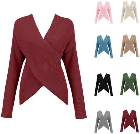 Ladies V Neck Jumpers Fashion Slim Soft Stretchy Sleeve Jumpers Comfortable Plain Knitted Sweatshirt Thermal Thick Pretty Cable Pullover Trendy Backless Long Blend Cross Knitwear Winter