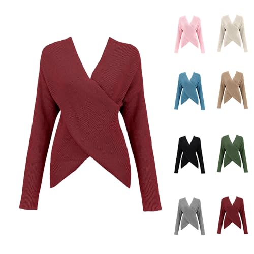 Ladies V Neck Jumpers Fashion Slim Soft Stretchy Sleeve Jumpers Comfortable Plain Knitted Sweatshirt Thermal Thick Pretty Cable Pullover Trendy Backless Long Blend Cross Knitwear Winter