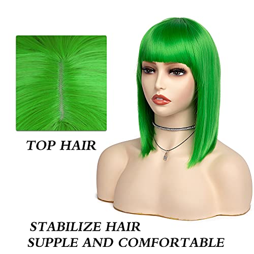 Green Short Bob Wig With Bangs 12 Inch Synthetic Fiber Short Straight Hair Color Wig Heat Resistant Natural Fashion Wig For Party Fiesta Halloween Christmas And Everyday Decor (12 Inch, Green)