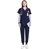 Uniforms World Scrubs for Women Set - Stretch Scrub Top & Pants with 8 Pockets, Yoga Waistband, Anti Wrinkle, Slim Fit