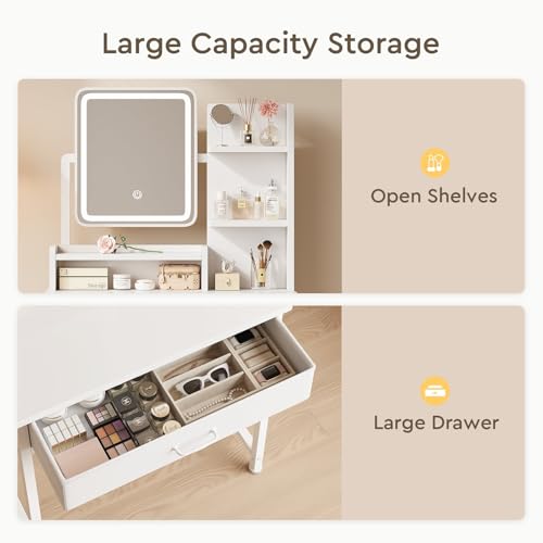 Makeup Vanity Desk with Mirror and Lights, Small Vanity with Fabric Storage Drawer & Side Table & Shelves, White Compact Makeup Vanity for Bedroom