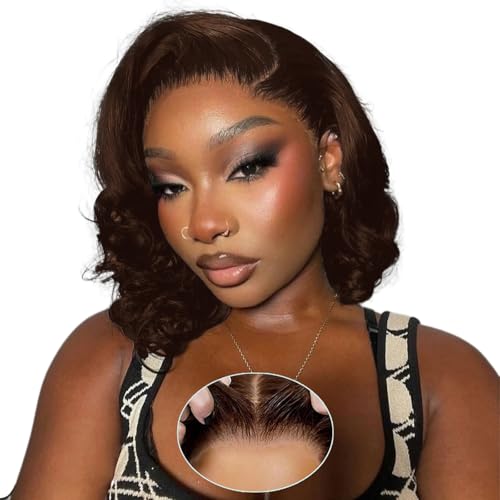 Glueless Wig Human Hair Bob Wigs for Women Human Hair Wear and Go Glueless Wig 4x4 Pre Cut Body Wave Lace Front Wigs Natural Hairline 180% Density Chocolate Brown Color 12 inch (30cm)