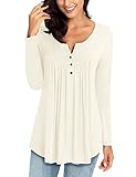 Lookbook Store Women's Beige Long Sleeve Henley V Neck Ruched Shirt Button Tunic Tops Blouse M(US 8-10)